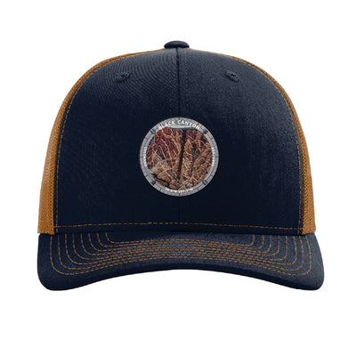 Black Canyon National Park patch hat in Navy/Caramel — the Painted Wall badge on a Richardson 112 trucker cap