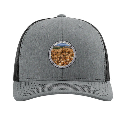 Bryce Canyon National Park patch hat in Heather Grey/Black — hoodoo amphitheatre badge on a Richardson 112 trucker cap
