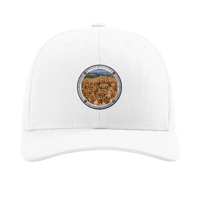 Bryce Canyon National Park patch hat in White — hoodoo amphitheatre badge on a Richardson 112 trucker cap