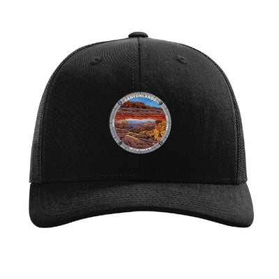 Canyonlands National Park patch hat in Black — Mesa Arch badge on a Richardson 112 trucker cap
