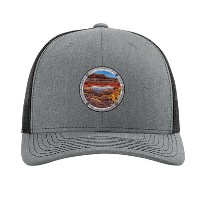 Canyonlands National Park patch hat in Heather Grey/Black — Mesa Arch badge on a Richardson 112 trucker cap