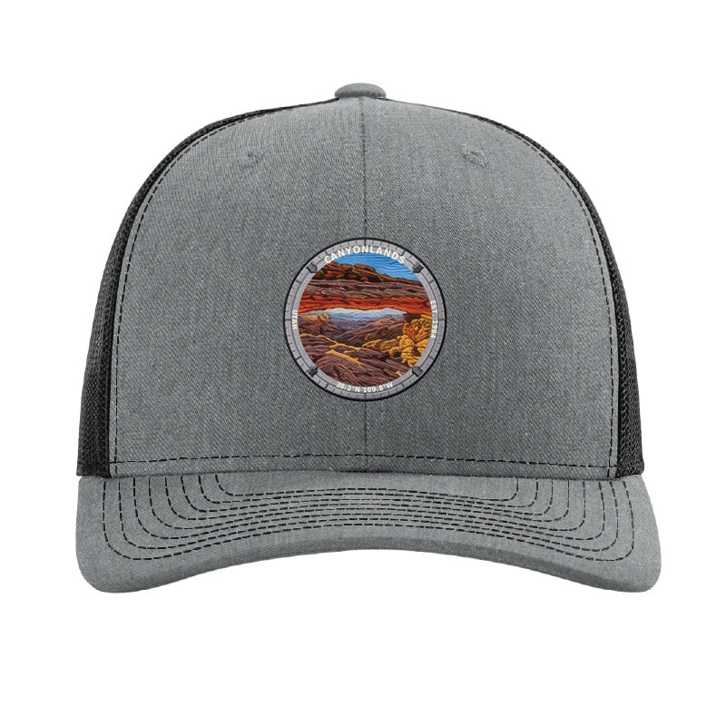 Canyonlands National Park patch hat in Heather Grey/Black — Mesa Arch badge on a Richardson 112 trucker cap