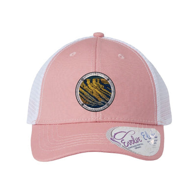 Capitol Reef National Park patch hat in Dusty Rose/White — folded sandstone strata badge on an Infinity Charlie ponytail cap