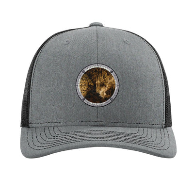 Carlsbad Caverns National Park patch hat in Heather Grey/Black — Big Room cave formations badge on a Richardson 112 trucker cap