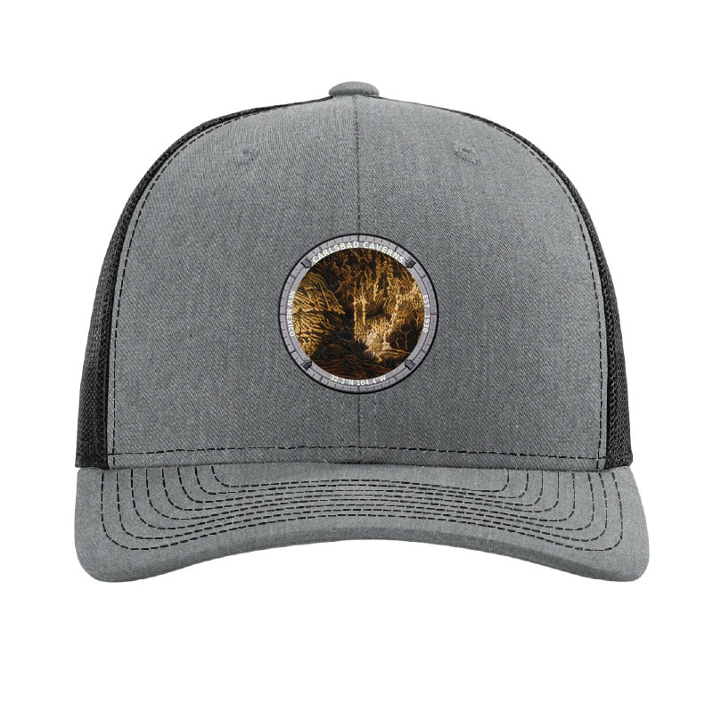 Carlsbad Caverns National Park patch hat in Heather Grey/Black — Big Room cave formations badge on a Richardson 112 trucker cap