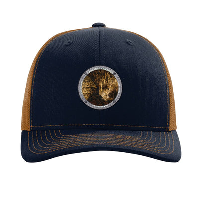 Carlsbad Caverns National Park patch hat in Navy/Caramel — Big Room cave formations badge on a Richardson 112 trucker cap