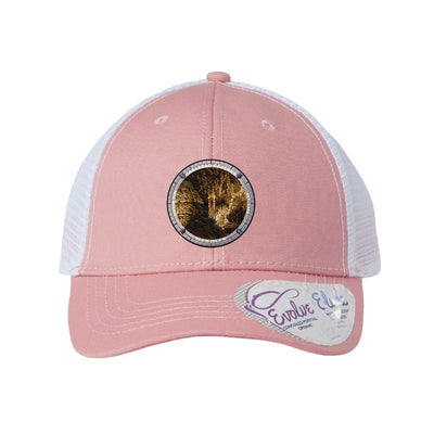 Carlsbad Caverns National Park patch hat in Dusty Rose/White — Big Room cave formations badge on an Infinity Charlie ponytail cap