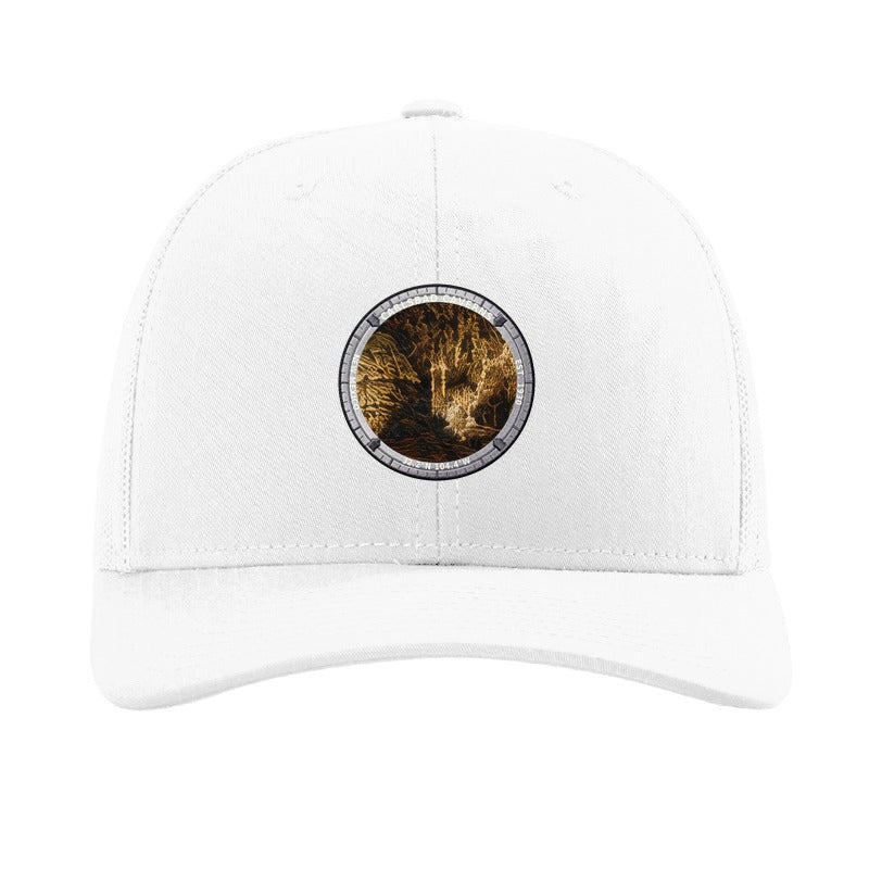 Carlsbad Caverns National Park patch hat in White — Big Room cave formations badge on a Richardson 112 trucker cap