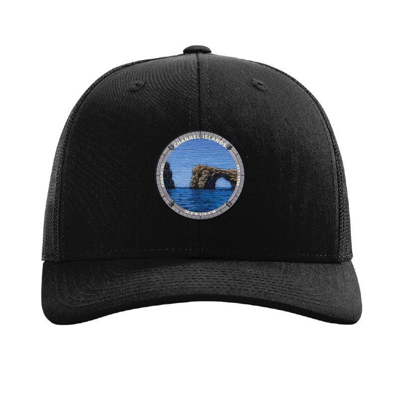 Channel Islands National Park patch hat in Black — Arch Rock at Anacapa badge on a Richardson 112 trucker cap