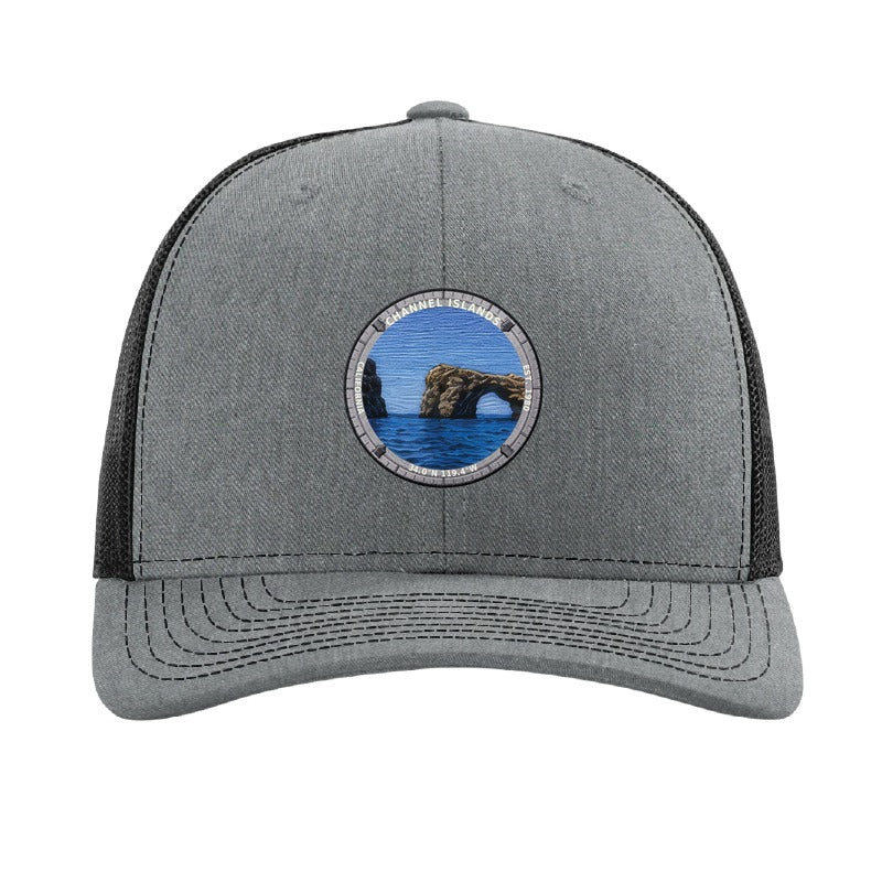 Channel Islands National Park patch hat in Heather Grey/Black — Arch Rock at Anacapa badge on a Richardson 112 trucker cap