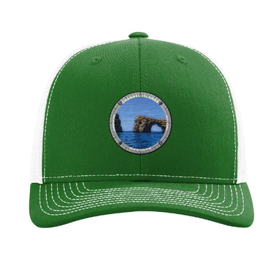 Channel Islands National Park patch hat in Kelly Green/White — Arch Rock at Anacapa badge on a Richardson 112 trucker cap