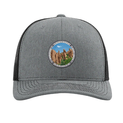 Chiricahua National Park patch hat in Heather Grey/Black — standing rock columns badge on a Richardson 112 trucker cap