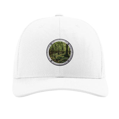Congaree National Park patch hat in White — bald cypress forest badge on a Richardson 112 trucker cap