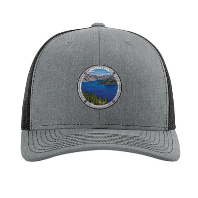Crater Lake National Park patch hat in Heather Grey/Black — Wizard Island badge on a Richardson 112 trucker cap