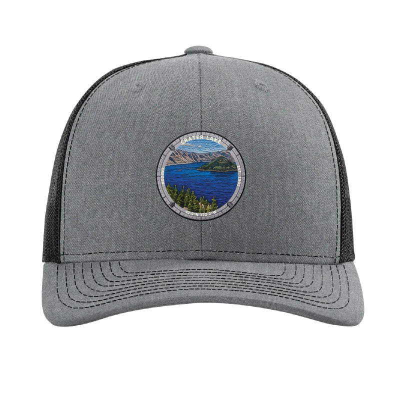 Crater Lake National Park patch hat in Heather Grey/Black — Wizard Island badge on a Richardson 112 trucker cap