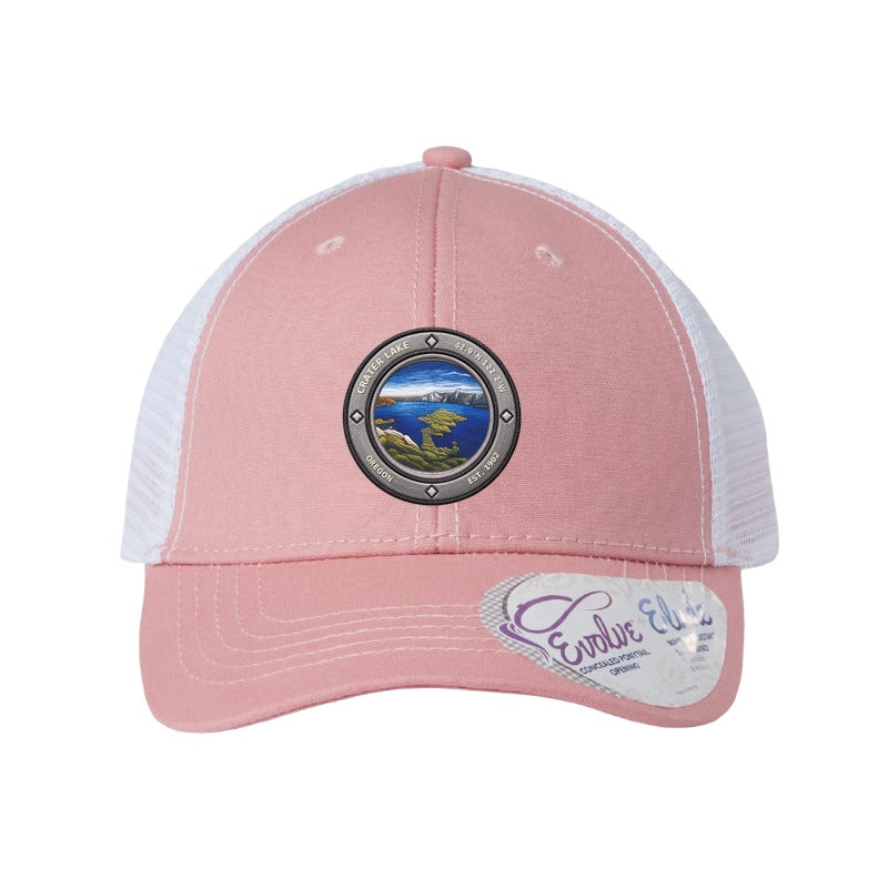 Crater Lake National Park patch hat — Dusty Rose/White (Ponytail)