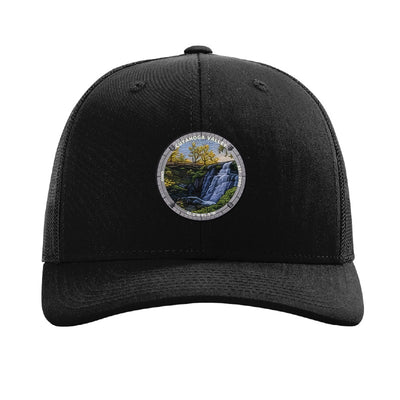 Cuyahoga Valley National Park patch hat in Black — Brandywine Falls badge on a Richardson 112 trucker cap