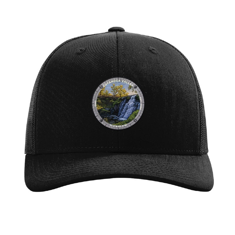 Cuyahoga Valley National Park patch hat in Black — Brandywine Falls badge on a Richardson 112 trucker cap