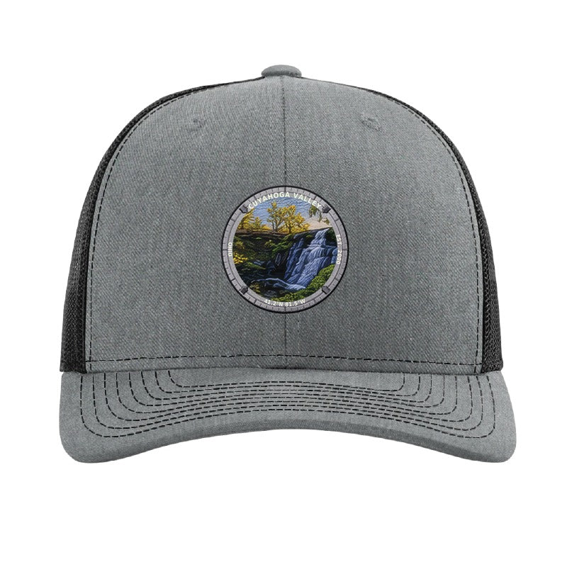 Cuyahoga Valley National Park patch hat in Heather Grey/Black — Brandywine Falls badge on a Richardson 112 trucker cap