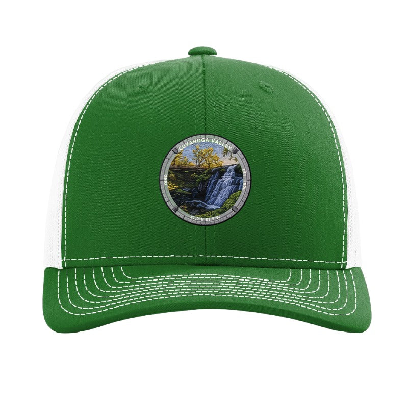 Cuyahoga Valley National Park patch hat in Kelly Green/White — Brandywine Falls badge on a Richardson 112 trucker cap