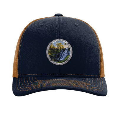 Cuyahoga Valley National Park patch hat in Navy/Caramel — Brandywine Falls badge on a Richardson 112 trucker cap