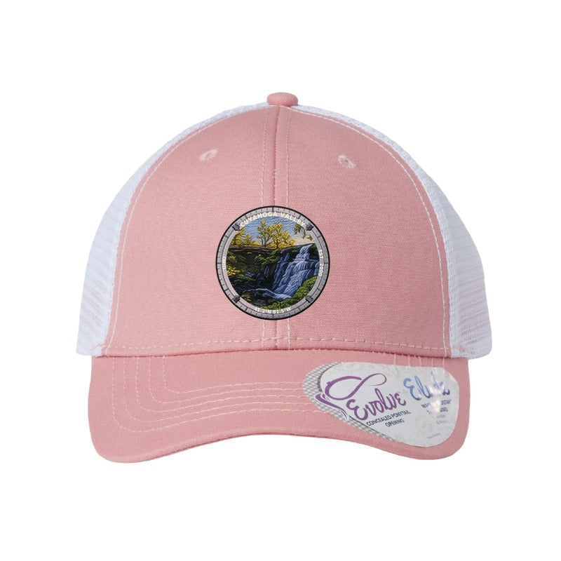 Cuyahoga Valley National Park patch hat in Dusty Rose/White — Brandywine Falls badge on an Infinity Charlie ponytail cap