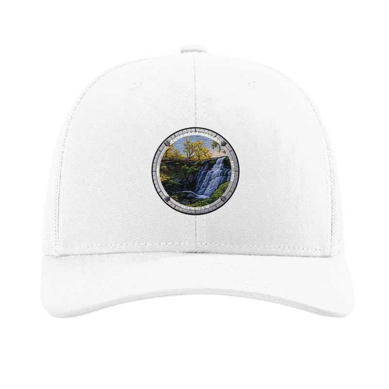 Cuyahoga Valley National Park patch hat in White — Brandywine Falls badge on a Richardson 112 trucker cap