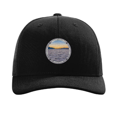 Death Valley National Park patch hat in Black — Badwater Basin salt flats badge on a Richardson 112 trucker cap