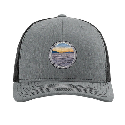 Death Valley National Park patch hat in Heather Grey/Black — Badwater Basin salt flats badge on a Richardson 112 trucker cap