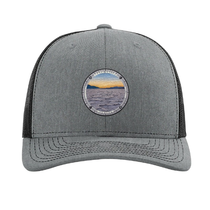 Death Valley National Park patch hat in Heather Grey/Black — Badwater Basin salt flats badge on a Richardson 112 trucker cap