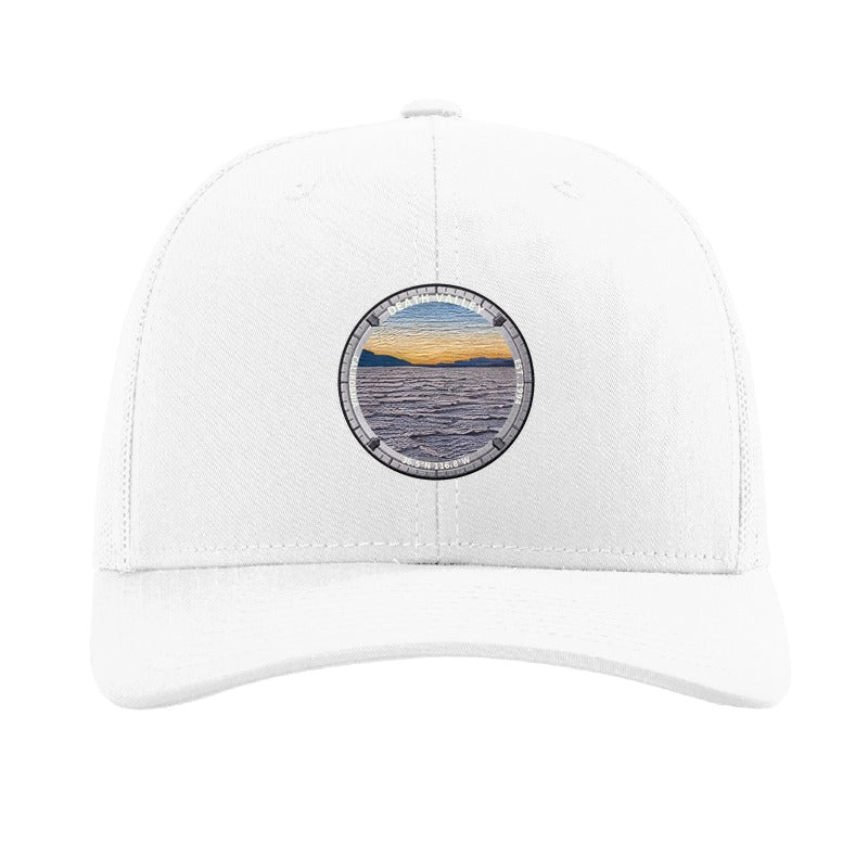 Death Valley National Park patch hat in White — Badwater Basin salt flats badge on a Richardson 112 trucker cap