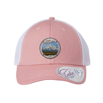 Denali National Park patch hat in Dusty Rose/White — Denali above a braided river badge on an Infinity Charlie ponytail cap