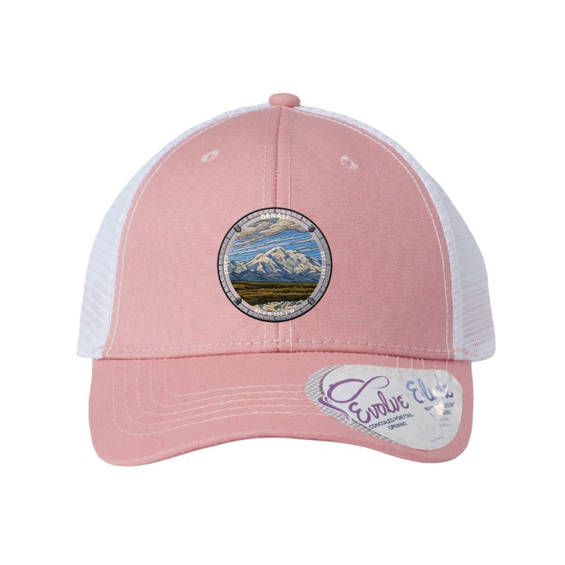 Denali National Park patch hat in Dusty Rose/White — Denali above a braided river badge on an Infinity Charlie ponytail cap