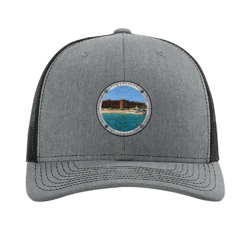 Dry Tortugas National Park patch hat in Heather Grey/Black — Fort Jefferson badge on a Richardson 112 trucker cap