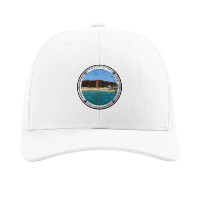 Dry Tortugas National Park patch hat in White — Fort Jefferson badge on a Richardson 112 trucker cap