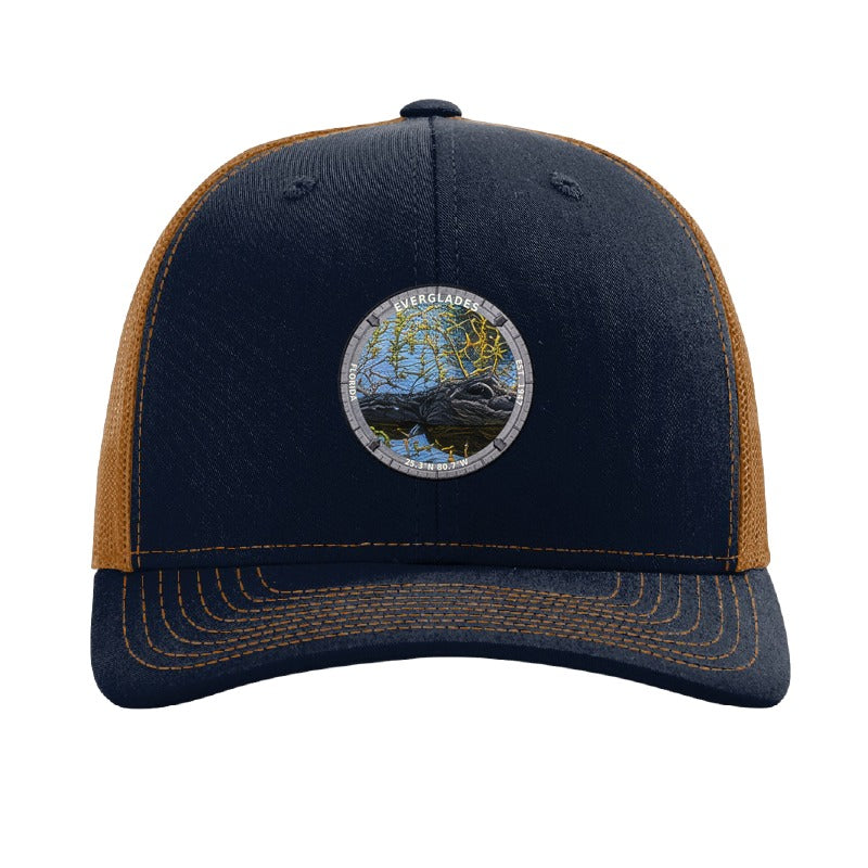 Everglades National Park patch hat in Navy/Caramel — alligator in the sawgrass badge on a Richardson 112 trucker cap