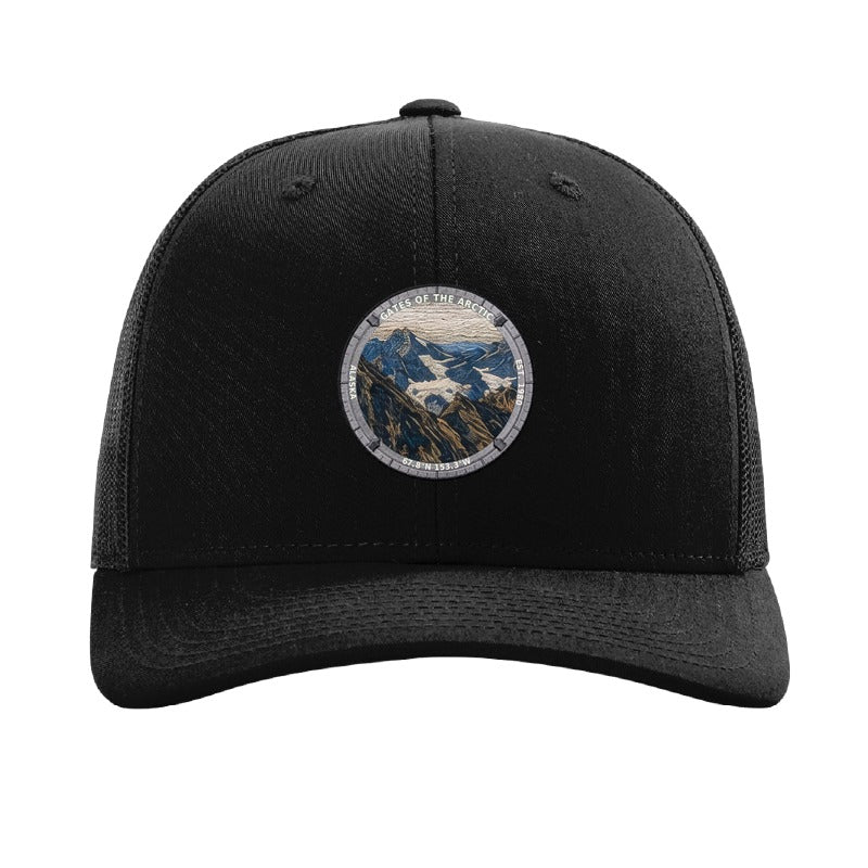 Gates of the Arctic National Park patch hat in Black — Brooks Range peaks badge on a Richardson 112 trucker cap