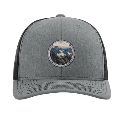 Gates of the Arctic National Park patch hat in Heather Grey/Black — Brooks Range peaks badge on a Richardson 112 trucker cap