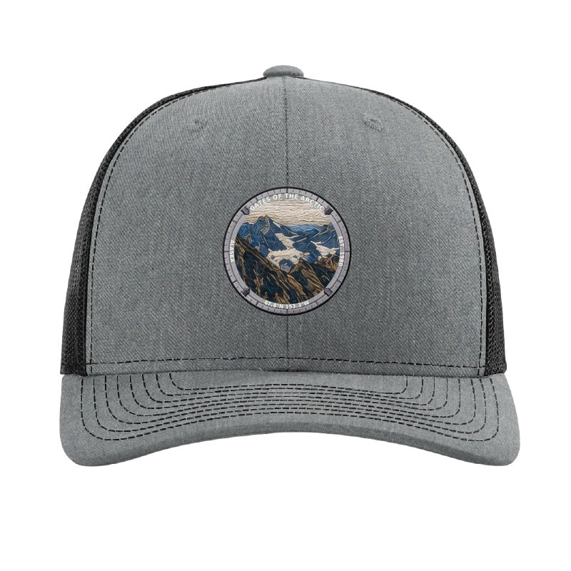 Gates of the Arctic National Park patch hat in Heather Grey/Black — Brooks Range peaks badge on a Richardson 112 trucker cap
