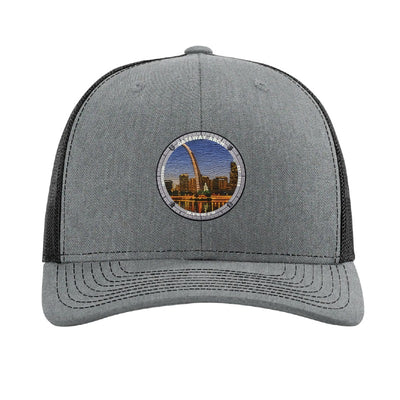 Gateway Arch National Park patch hat in Heather Grey/Black — the Gateway Arch over St. Louis badge on a Richardson 112 trucker cap