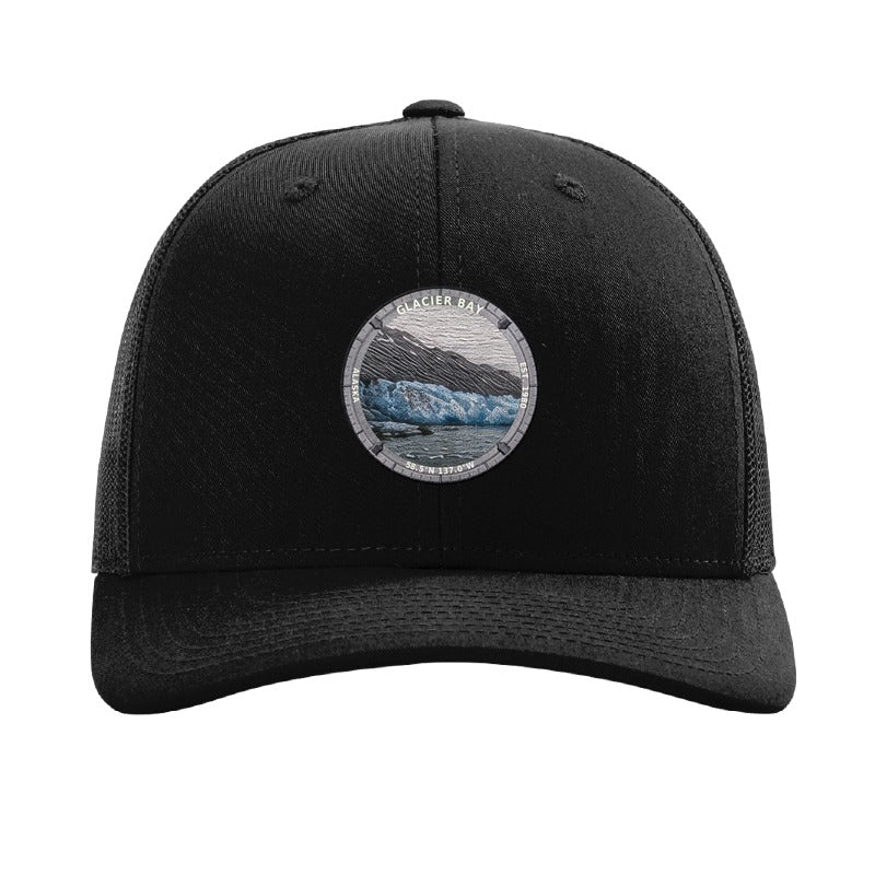 Glacier Bay National Park patch hat in Black — tidewater glacier badge on a Richardson 112 trucker cap