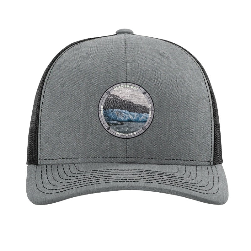 Glacier Bay National Park patch hat in Heather Grey/Black — tidewater glacier badge on a Richardson 112 trucker cap