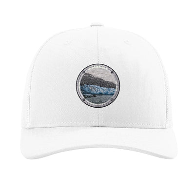 Glacier Bay National Park patch hat in White — tidewater glacier badge on a Richardson 112 trucker cap