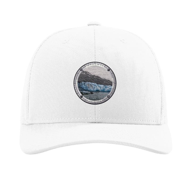 Glacier Bay National Park patch hat in White — tidewater glacier badge on a Richardson 112 trucker cap
