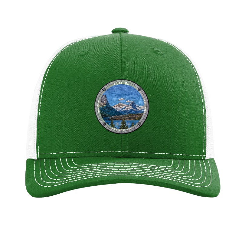 Glacier National Park patch hat in Kelly Green/White — Wild Goose Island badge on a Richardson 112 trucker cap