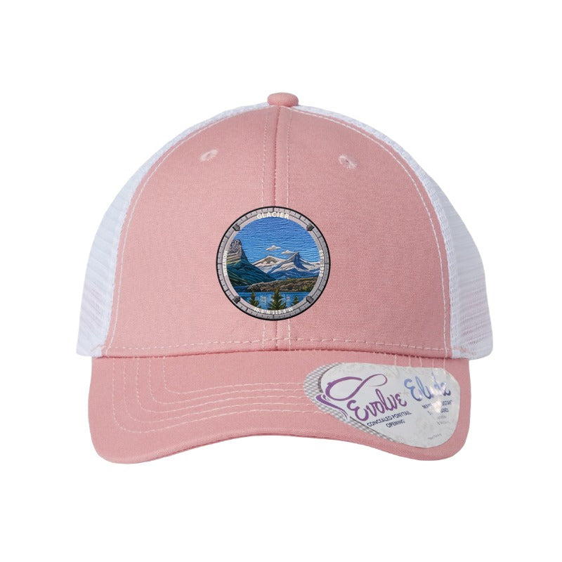 Glacier National Park patch hat in Dusty Rose/White — Wild Goose Island badge on an Infinity Charlie ponytail cap