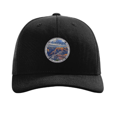 Grand Canyon National Park patch hat in Black — South Rim at sunset badge on a Richardson 112 trucker cap