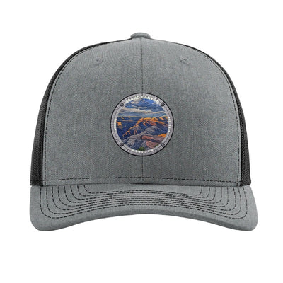 Grand Canyon National Park patch hat in Heather Grey/Black — South Rim at sunset badge on a Richardson 112 trucker cap