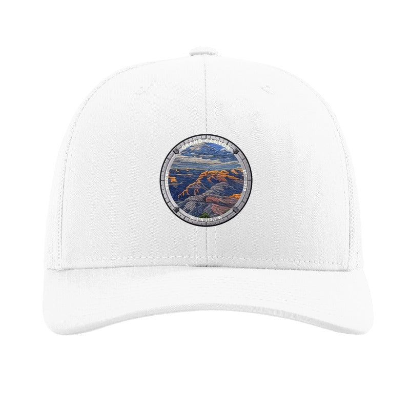 Grand Canyon National Park patch hat in White — South Rim at sunset badge on a Richardson 112 trucker cap