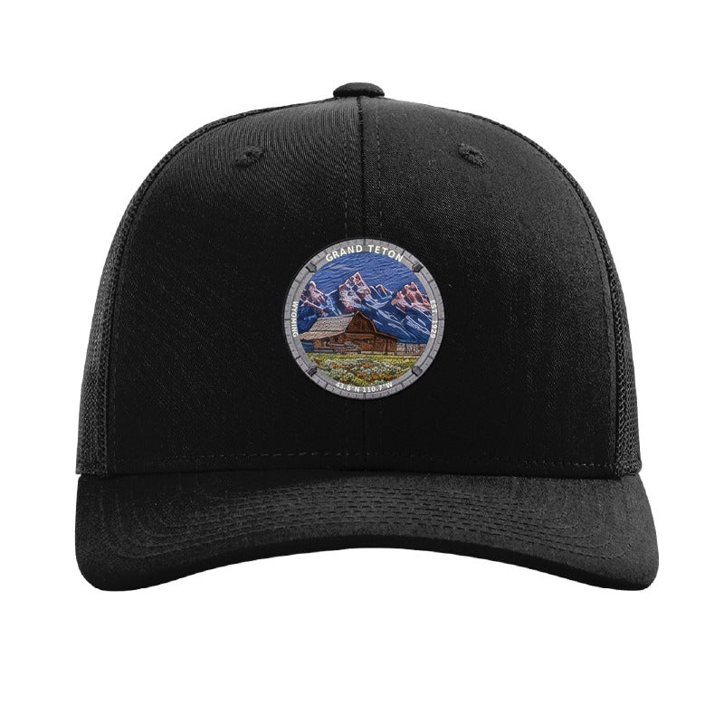 Grand Teton National Park patch hat in Black — Moulton Barn and the Tetons badge on a Richardson 112 trucker cap